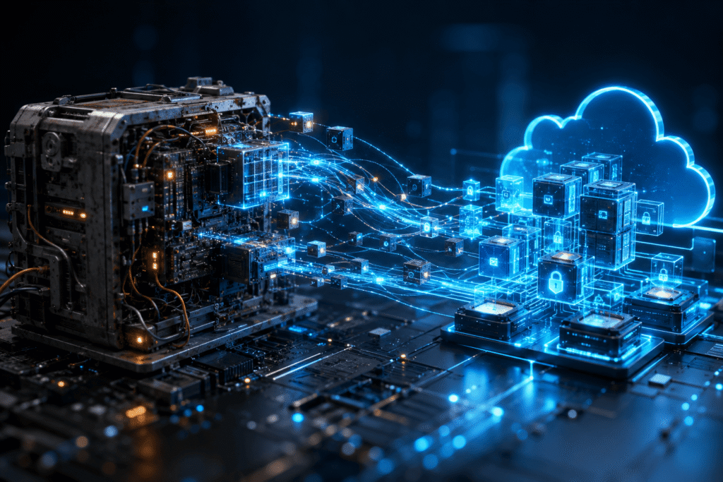 Legacy application modernization showing data migration from an outdated server to secure infrastructure.