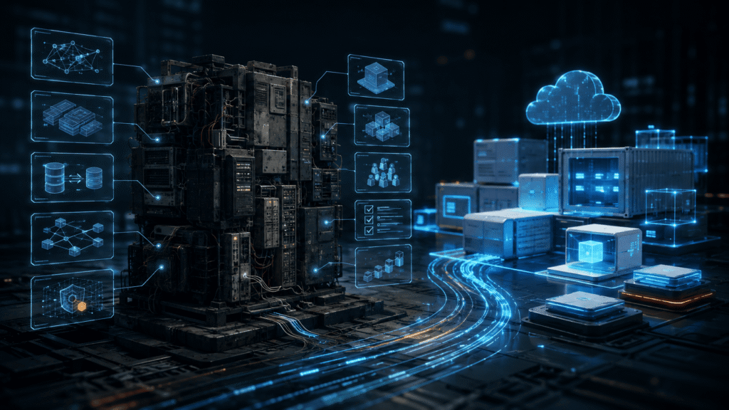 Legacy system modernization cost illustrated by an outdated IT system being migrated to modern cloud infrastructure