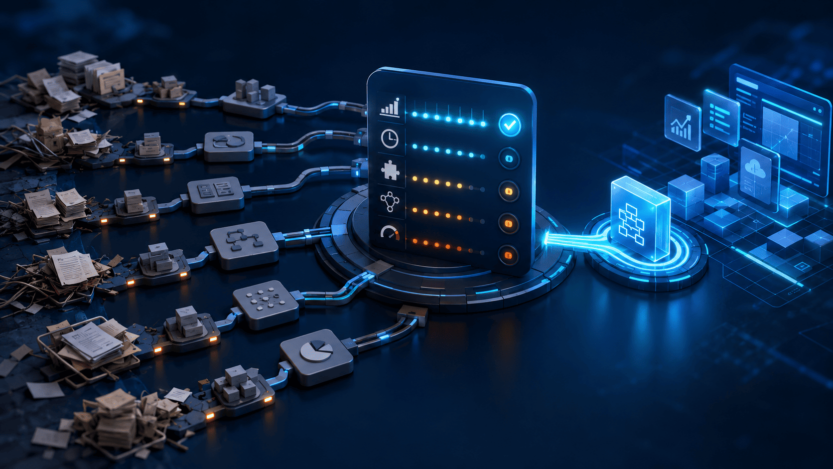 Business process digitization illustrated by manual workflows being prioritized and converted into connected digital systems