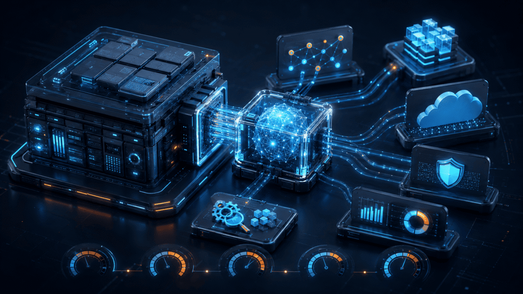 AI integration cost illustrated by an AI system connected to cloud infrastructure, security, analytics, and data processing components.