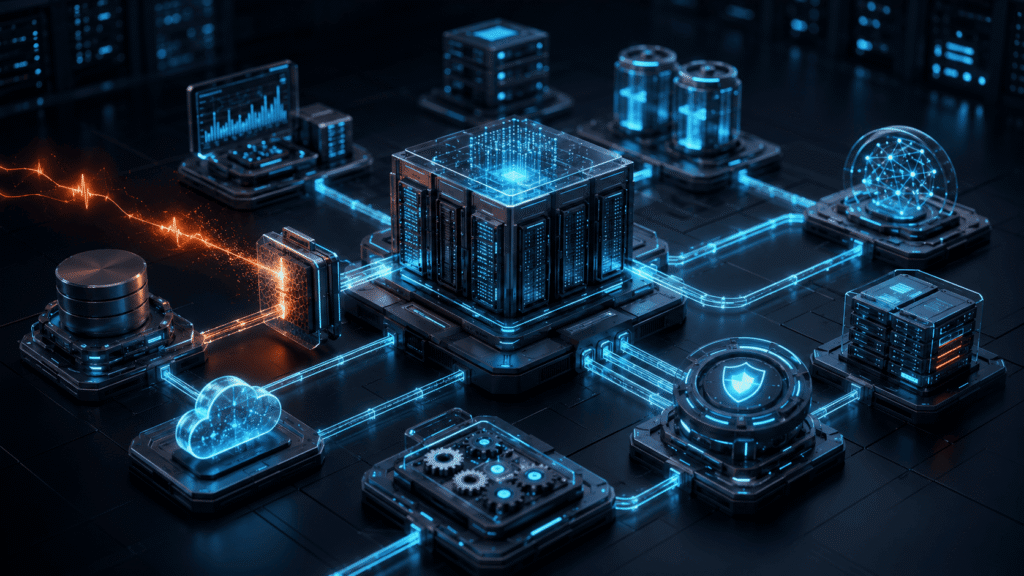 Application reliability checklist illustrated by connected servers, cloud infrastructure, monitoring, security controls, and a detected system failure.