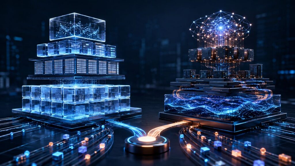 Snowflake vs. Databricks illustrated as two contrasting data platforms with different storage, processing, and AI architectures