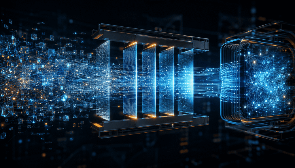 Data preparation for AI illustrated as fragmented data passing through processing layers to form a structured neural network