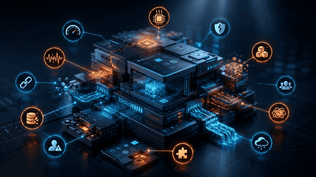 Software product optimization illustrated by a complex digital system showing performance, security, integration, scalability, and reliability issues