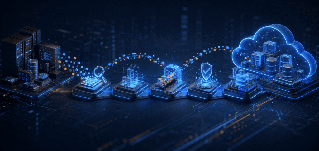 Cloud migration strategy illustrated as a step-by-step transfer of applications and data from on-premises servers to secure cloud infrastructure.