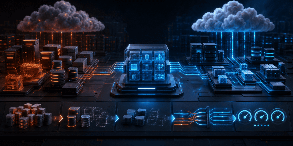 Cloud cost optimization illustrated by oversized infrastructure being consolidated into efficient cloud resources.