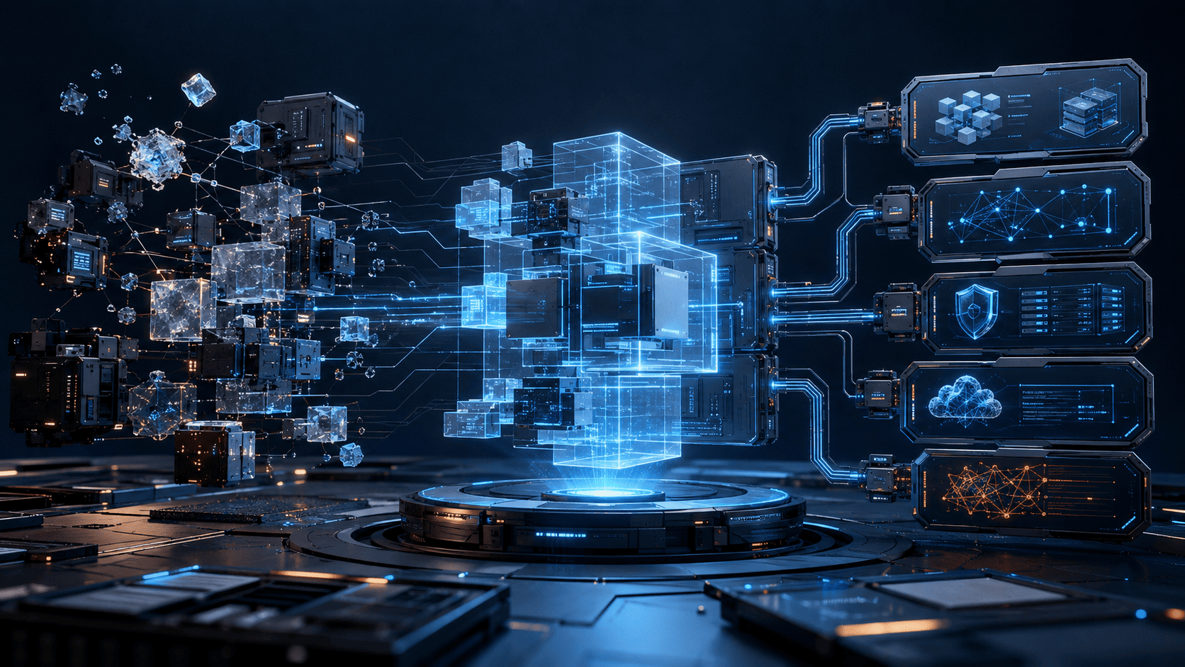 Technical discovery illustrated by fragmented systems connecting into a centralized architecture with infrastructure, security, cloud, and integration panels