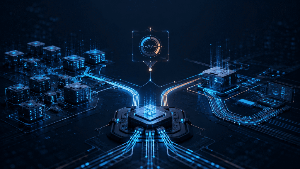 Scaling vs optimization illustrated by a digital system comparing distributed server capacity with centralized performance improvements