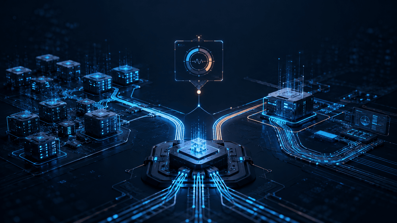 Scaling vs optimization illustrated by a digital system comparing distributed server capacity with centralized performance improvements