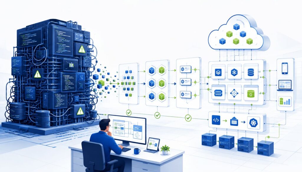 Legacy application modernization showing data migration from an outdated server to secure infrastructure