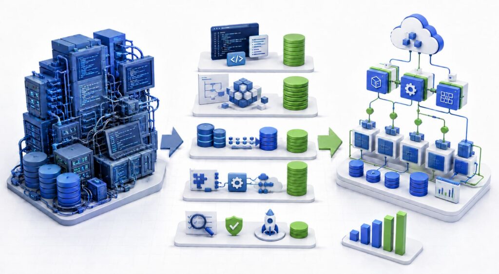 Legacy system modernization cost illustrated by an outdated IT system being migrated to modern cloud infrastructure