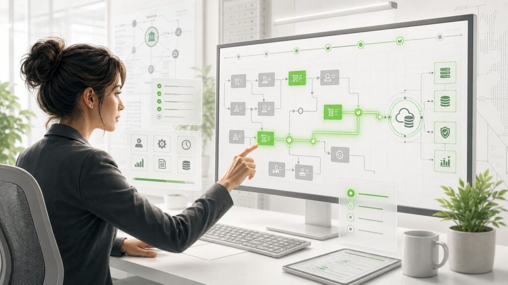 Business process digitization illustrated by manual workflows being prioritized and converted into connected digital systems
