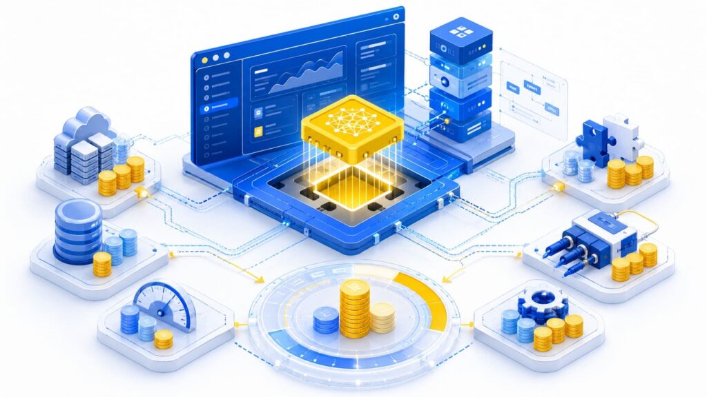 AI integration cost illustrated by an AI system connected to cloud infrastructure, security, analytics, and data processing components.