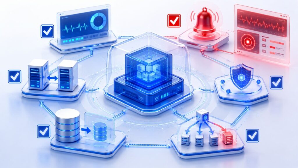 Application reliability checklist illustrated by connected servers, cloud infrastructure, monitoring, security controls, and a detected system failure.