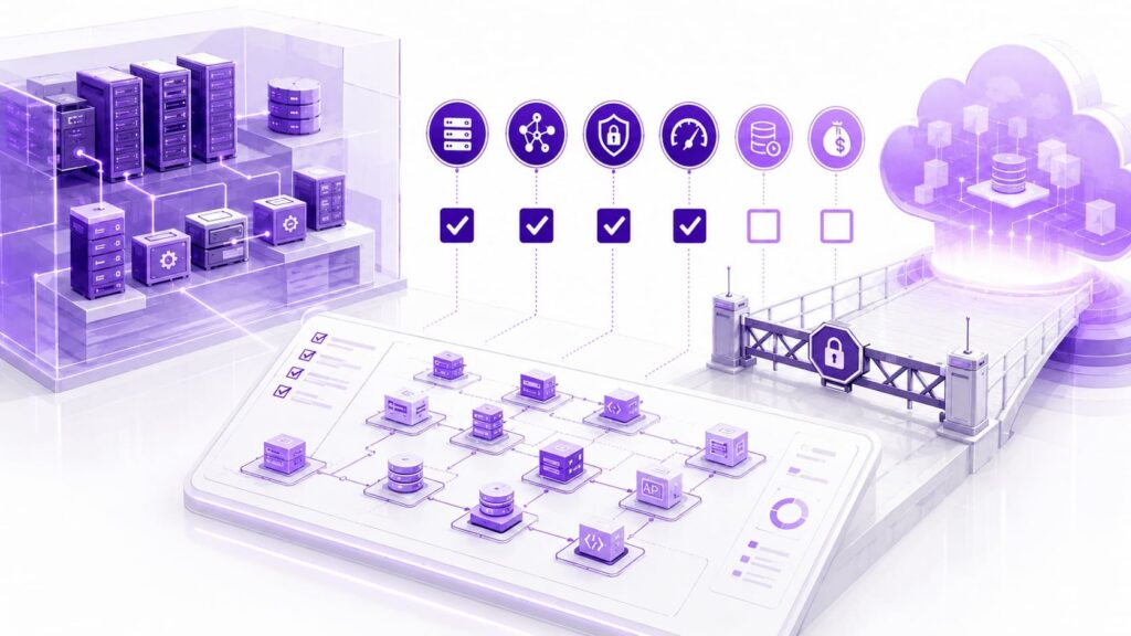 Cloud migration readiness assessment illustrated by on-premises infrastructure being evaluated for dependencies, security, data, and cloud compatibility