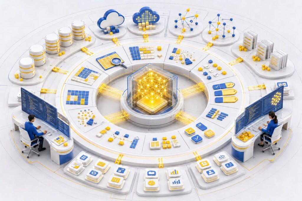 Data preparation for AI illustrated as fragmented data passing through processing layers to form a structured neural network