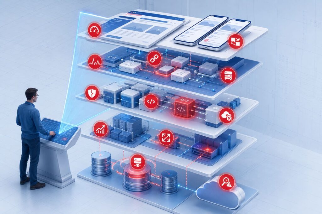 Software product optimization illustrated by a complex digital system showing performance, security, integration, scalability, and reliability issues