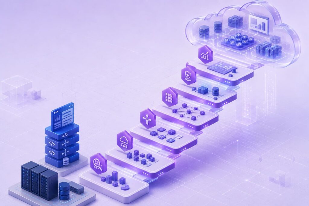 Cloud migration strategy illustrated as a step-by-step transfer of applications and data from on-premises servers to secure cloud infrastructure