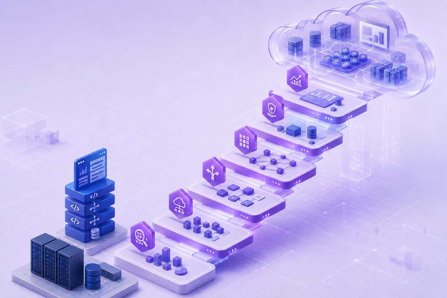 Cloud migration strategy illustrated as a step-by-step transfer of applications and data from on-premises servers to secure cloud infrastructure