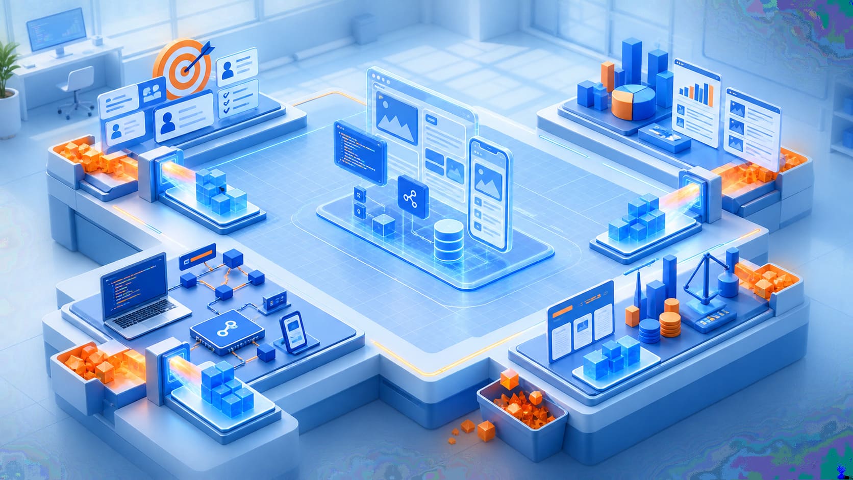 Idea validation framework illustrated as a connected sequence of testing stages that turn an initial concept into a structured product idea.