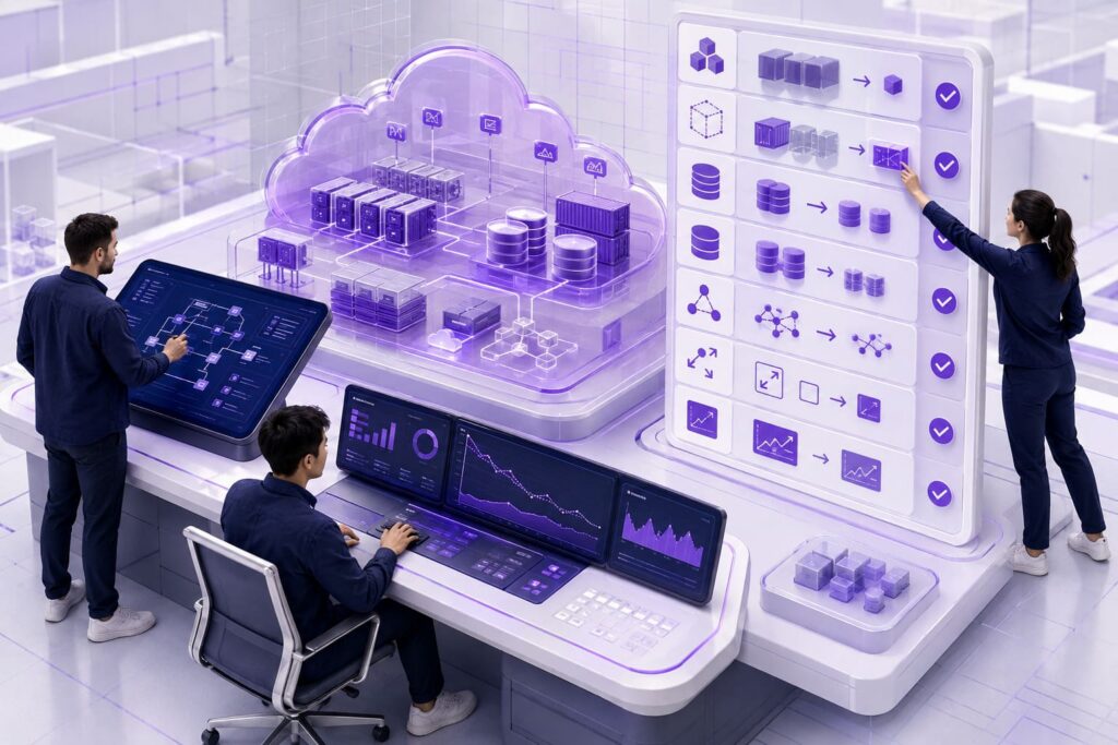 Cloud cost optimization illustrated by oversized infrastructure being consolidated into efficient cloud resources.