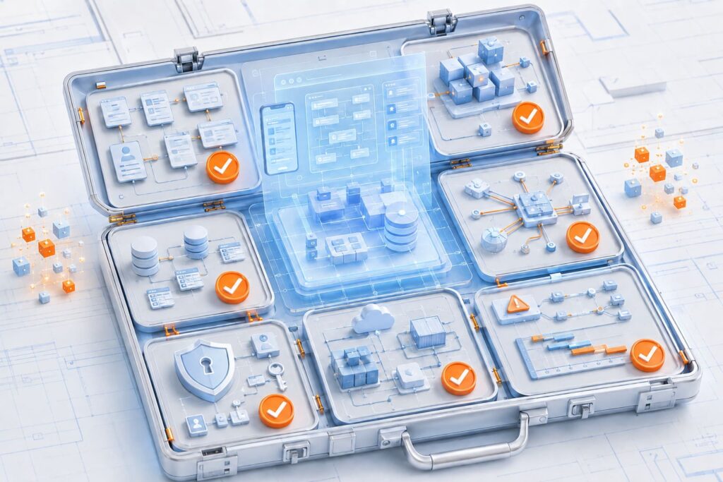 Technical discovery illustrated by fragmented systems connecting into a centralized architecture with infrastructure, security, cloud, and integration panels
