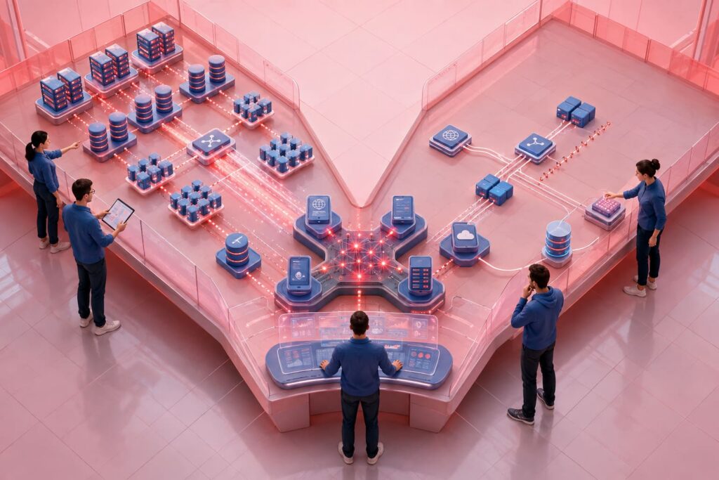 Scaling vs optimization illustrated by a digital system comparing distributed server capacity with centralized performance improvements