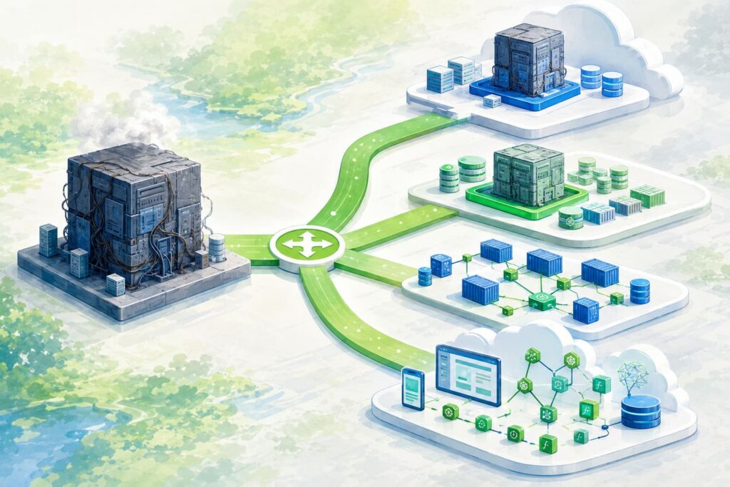 Legacy modernization strategies illustrated as multiple paths transforming an outdated system into modern modular and cloud-based architecture.