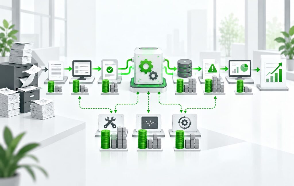 Business process automation cost illustrated by a workflow that replaces manual paperwork with automated digital steps, monitoring, and maintenance