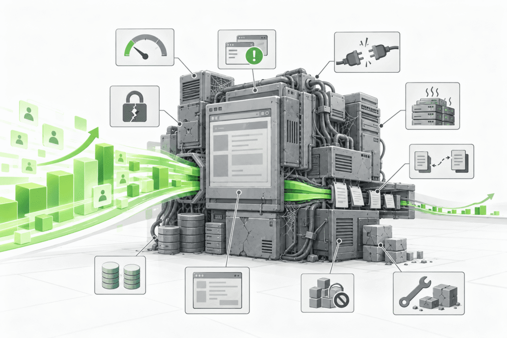 Legacy system assessment showing signs of a legacy system: technical risks, operating constraints, and business growth limitations.