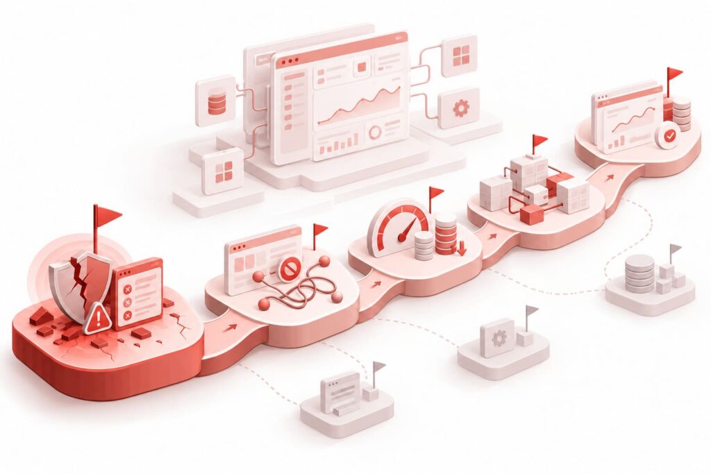 Product optimization roadmap showing reliability, security, architecture, data, and user experience issues prioritized into measurable product improvements.