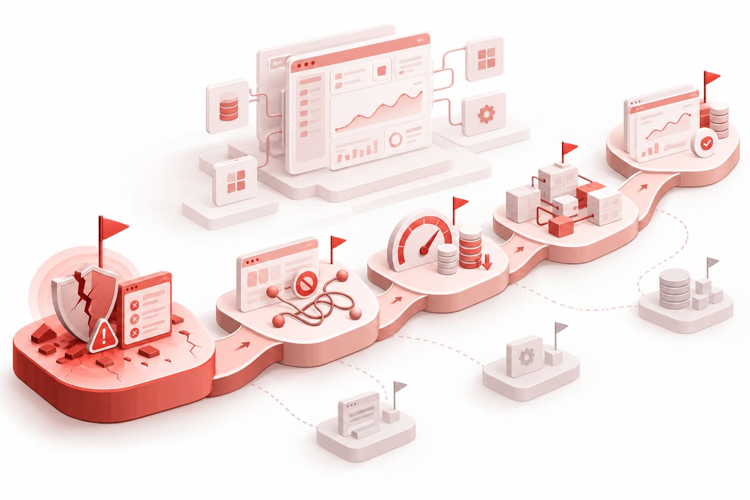 Product optimization roadmap showing reliability, security, architecture, data, and user experience issues prioritized into measurable product improvements.