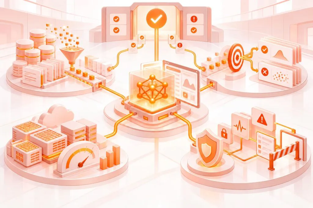 AI feasibility assessment illustrated through connected checks for data readiness, model quality, infrastructure cost, security, risk, and production approval.