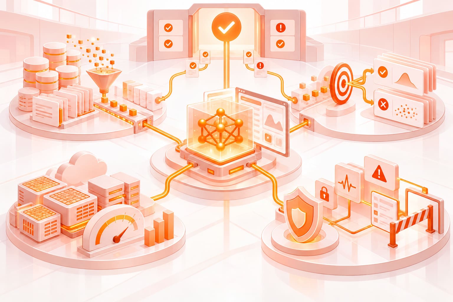 AI feasibility assessment illustrated through connected checks for data readiness, model quality, infrastructure cost, security, risk, and production approval.